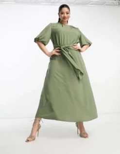 ASOS DESIGN Curve - Vestito Midi Kaki Allacciato In Vita Con Maniche A Sbuffo -Vendite ASOS Maternity || RIVER ISLAND || Monki 204176400 4