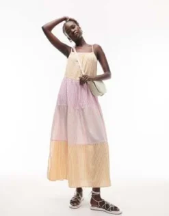 Topshop Tall - Vestito Da Mare A Balze Arancione E Rosa A Righe Con Gonna Al Polpaccio