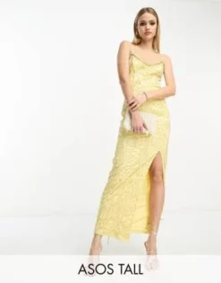 ASOS DESIGN Tall - Vestito Midi Con Spalline Sottili E Paillettes Color Limone Con Cuciture