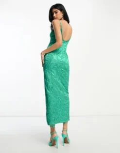 ASOS DESIGN - Vestito Lungo Con Spalline Sottili E Cuciture A Vista Verde Menta Scuro Con Paillettes -Vendite ASOS Maternity || RIVER ISLAND || Monki 204181030 4