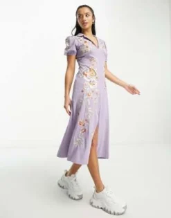 ASOS DESIGN Petite - Ultimate - Vestito Da Giorno Midi Lilla Con Colletto E Ricamo A Fiori -Vendite ASOS Maternity || RIVER ISLAND || Monki 204184778 2