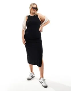 ASOS DESIGN Curve - Vestito Midi In Maglia Nero Con Dorso A Vogatore