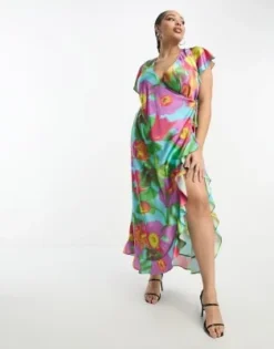 ASOS DESIGN Curve - Vestito Avvolgente Lungo In Raso Con Stampa A Fiori Grandi Vivaci E Volant