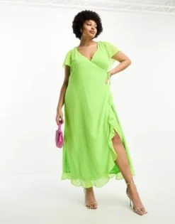 ASOS DESIGN Curve - Vestito Lungo A Portafoglio In Plumetis Color Lime Acceso Con Volant