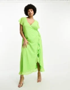 ASOS DESIGN Curve - Vestito Lungo A Portafoglio In Plumetis Color Lime Acceso Con Volant -Vendite ASOS Maternity || RIVER ISLAND || Monki 204189247 4