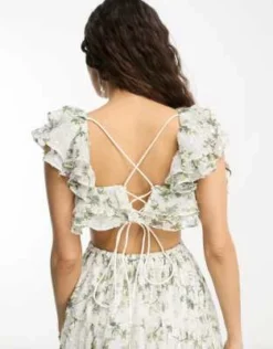 ASOS DESIGN Petite - Vestito Skater Corto Con Stampa A Fiori Metallizzata E Cut Out Con Volant -Vendite ASOS Maternity || RIVER ISLAND || Monki 204189307 4