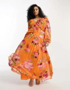 ASOS DESIGN Curve - Vestito Lungo Con Bottoni E Pinces Arancione A Fiori Con Inserti In Pizzo