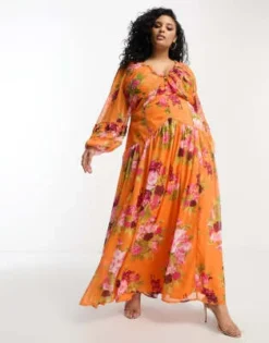 ASOS DESIGN Curve - Vestito Lungo Con Bottoni E Pinces Arancione A Fiori Con Inserti In Pizzo -Vendite ASOS Maternity || RIVER ISLAND || Monki 204189448 4