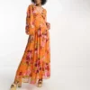 ASOS DESIGN Tall - Vestito Lungo Arancione A Fiori Con Bottoni, Pinces E Inserti In Pizzo
