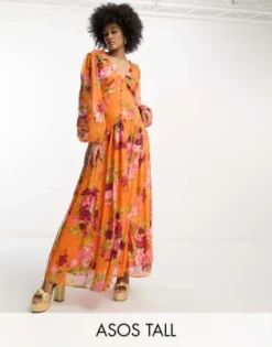 ASOS DESIGN Tall - Vestito Lungo Arancione A Fiori Con Bottoni, Pinces E Inserti In Pizzo