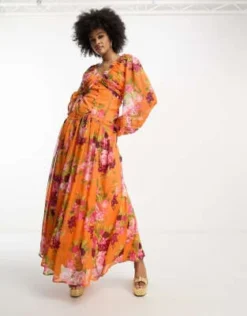 ASOS DESIGN Tall - Vestito Lungo Arancione A Fiori Con Bottoni, Pinces E Inserti In Pizzo -Vendite ASOS Maternity || RIVER ISLAND || Monki 204189458 4
