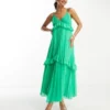 ASOS DESIGN - Vestito Midi A Pieghe Verde Con Spalline Sottili E Volant