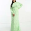 ASOS DESIGN Curve - Vestito Lungo A Maniche Lunghe Verde Menta Con Volant