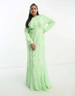 ASOS DESIGN Curve - Vestito Lungo A Maniche Lunghe Verde Menta Con Volant