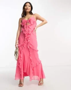 ASOS DESIGN Petite - Vestito Lungo Allacciato Al Collo Con Volant E Cut-out Color Rosa -Vendite ASOS Maternity || RIVER ISLAND || Monki 204192200 4