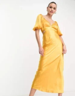 ASOS DESIGN Tall - Vestito Lungo Modello Milkmaid In Raso Color Oro Con Finiture In Pizzo E Fascette Sul Retro -Vendite ASOS Maternity || RIVER ISLAND || Monki 204192210 4