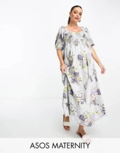 ASOS Maternity ASOS DESIGN Maternity - Vestito Midi In Cotone Arricciato Con Stampa A Fiori