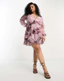 ASOS DESIGN Curve - Vestito Corto A Maniche Lunghe Con Finiture A Cerchietto E Stampa A Fiori Patchwork