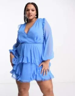 ASOS DESIGN Curve - Vestito Corto Blu A Maniche Lunghe Con Finiture Circolari