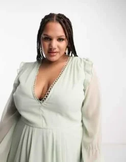 ASOS DESIGN Curve - Vestito Midi A Maniche Lunghe Verde Salvia Con Finiture Circolari -Vendite ASOS Maternity || RIVER ISLAND || Monki 204202801 3