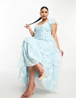 ASOS DESIGN Curve - Vestito Lungo A Balze Con Maniche A Pipistrello E Retro Elasticizzato Con Cut-out Blu A Fiori Dévoré