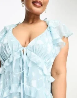 ASOS DESIGN Curve - Vestito Lungo A Balze Con Maniche A Pipistrello E Retro Elasticizzato Con Cut-out Blu A Fiori Dévoré -Vendite ASOS Maternity || RIVER ISLAND || Monki 204202894 3