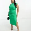 ASOS DESIGN Curve - Vestito Midi In Bengalina Verde Acceso Drappeggiato Asimmetrico