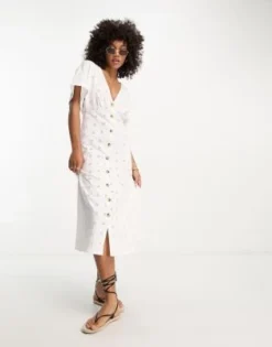 ASOS DESIGN - Vestito Midi Con Scollo A V E Bottoni In Pizzo Bianco