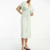 ASOS DESIGN - Vestito Midi Con Scollo A V E Bottoni In Pizzo Salvia E Crema A Contrasto