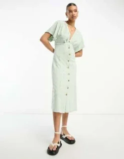 ASOS DESIGN - Vestito Midi Con Scollo A V E Bottoni In Pizzo Salvia E Crema A Contrasto
