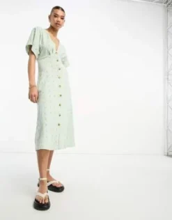 ASOS DESIGN - Vestito Midi Con Scollo A V E Bottoni In Pizzo Salvia E Crema A Contrasto -Vendite ASOS Maternity || RIVER ISLAND || Monki 204203753 4