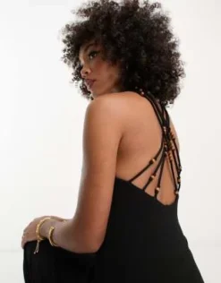 ASOS DESIGN - Vestito Fasciante Midi Con Scollo Quadrato Nero Con Fascette A Coste E Perline Di Legno -Vendite ASOS Maternity || RIVER ISLAND || Monki 204203891 2