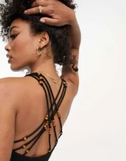 ASOS DESIGN - Vestito Fasciante Midi Con Scollo Quadrato Nero Con Fascette A Coste E Perline Di Legno -Vendite ASOS Maternity || RIVER ISLAND || Monki 204203891 4