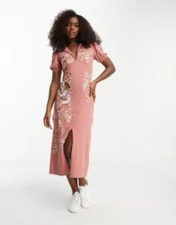 ASOS DESIGN - Ultimate - Vestito Da Giorno Midi Rosa Con Colletto E Ricamo A Fiori