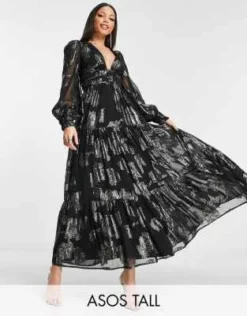 ASOS DESIGN Tall - Vestito Midi Con Dettagli Metallizzati E Maniche A Sbuffo Nero Allacciato Sul Retro
