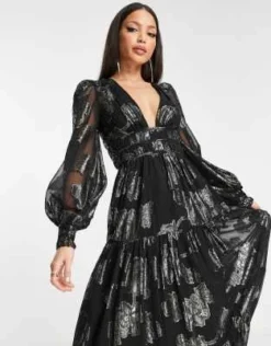 ASOS DESIGN Tall - Vestito Midi Con Dettagli Metallizzati E Maniche A Sbuffo Nero Allacciato Sul Retro -Vendite ASOS Maternity || RIVER ISLAND || Monki 204216225 4