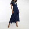ASOS DESIGN Tall - Vestito Midi A Pieghe Blu Navy Plumetis Ricamato Con Scollo Ad Anello