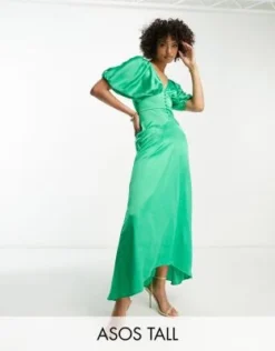 ASOS DESIGN Tall - Vestito Midi Con Fondo Asimmetrico In Raso Verde Smeraldo Con Bottoni E Maniche Ad Ali Di Pipistrello