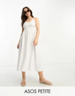 ASOS DESIGN Petite - Vestito Midi In Pizzo Bianco Con Cuciture A Vista E Gioco Di Spalline Sul Retro