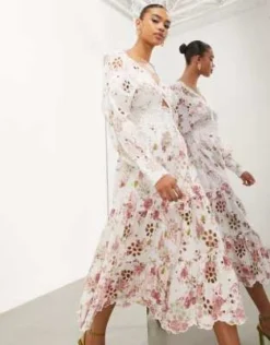 ASOS EDITION - Vestito Midi In Pizzo Sangallo A Fiori Con Maniche A Sbuffo E Incrociato Sul Davanti