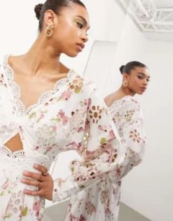 ASOS EDITION - Vestito Midi In Pizzo Sangallo A Fiori Con Maniche A Sbuffo E Incrociato Sul Davanti -Vendite ASOS Maternity || RIVER ISLAND || Monki 204229332 4