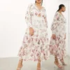 ASOS EDITION Curve - Vestito Midi In Pizzo A Fiori Con Maniche A Sbuffo Incrociato Sul Davanti