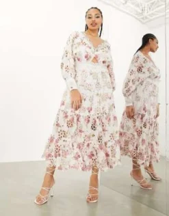 ASOS EDITION Curve - Vestito Midi In Pizzo A Fiori Con Maniche A Sbuffo Incrociato Sul Davanti