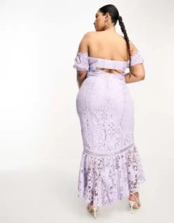 ASOS DESIGN Curve - Vestito Lungo In Pizzo Lilla Con Scollo Bardot, Cut-out E Bordo Con Volant -Vendite ASOS Maternity || RIVER ISLAND || Monki 204237670 2