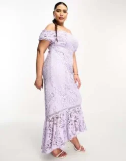 ASOS DESIGN Curve - Vestito Lungo In Pizzo Lilla Con Scollo Bardot, Cut-out E Bordo Con Volant -Vendite ASOS Maternity || RIVER ISLAND || Monki 204237670 4