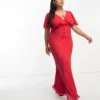 Esclusiva ASOS DESIGN Curve - Vestito Midi Con Maniche Con Volant E Vita A Portafoglio Rosso