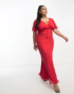 Esclusiva ASOS DESIGN Curve - Vestito Midi Con Maniche Con Volant E Vita A Portafoglio Rosso