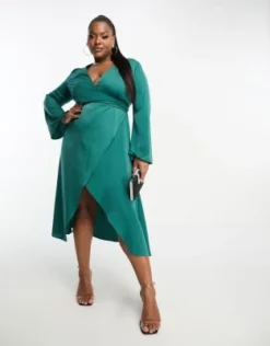 ASOS DESIGN Curve - Vestito A Portafoglio In Raso Verde-azzurro Allacciato In Vita Con Taglio Sbieco -Vendite ASOS Maternity || RIVER ISLAND || Monki 204238954 4