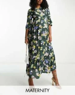 Nobody's Child Maternity - Rachel - Vestito Midi Verde A Fiori Con Maniche A Sbuffo