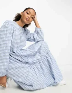 ASOS DESIGN - Vestito Lungo A Balze Raccolto Blu A Quadri Stile Picnic -Vendite ASOS Maternity || RIVER ISLAND || Monki 204246573 3